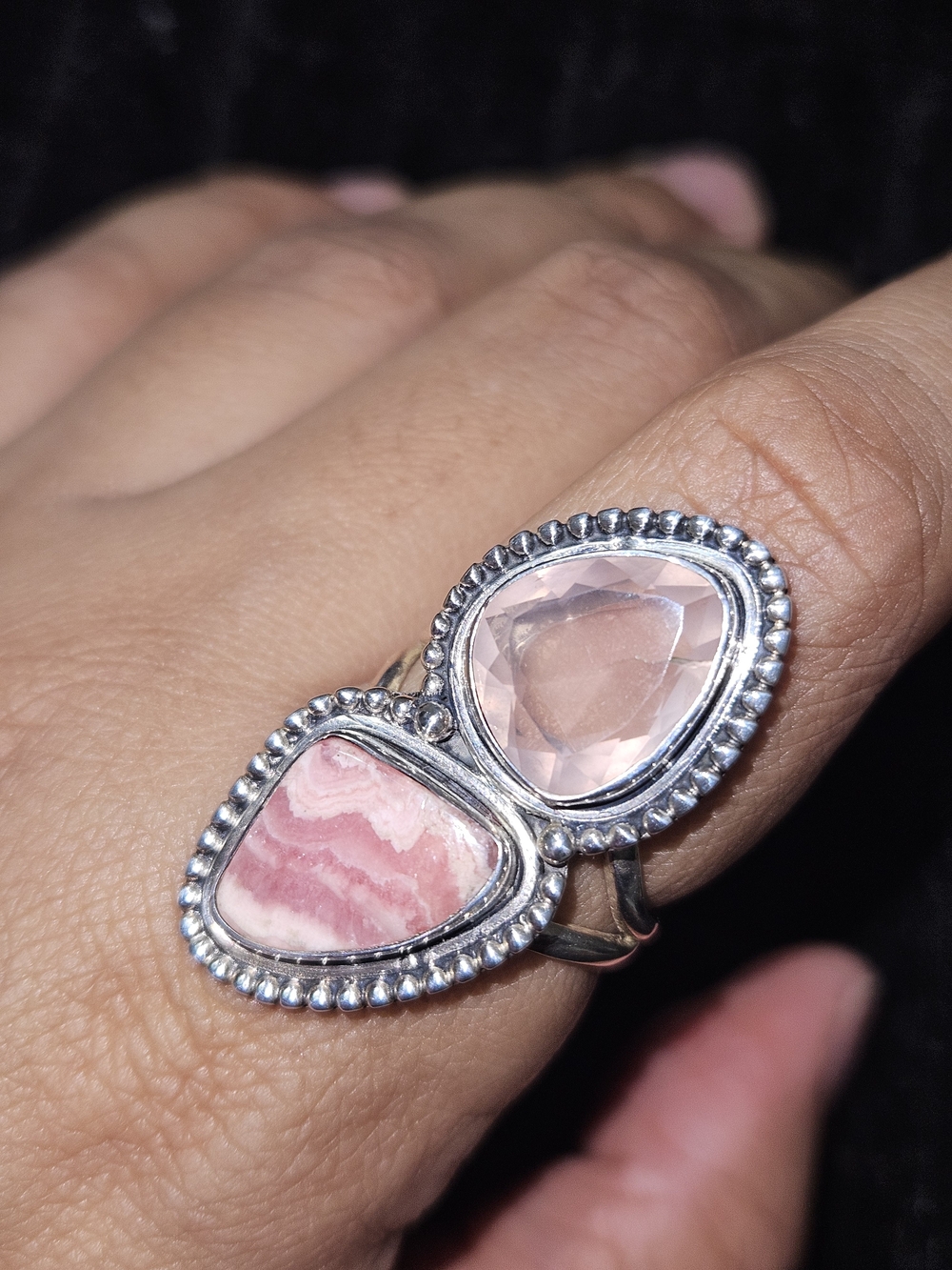 925S Pink Rhodochrosite and Rose Quartz Statement Ring